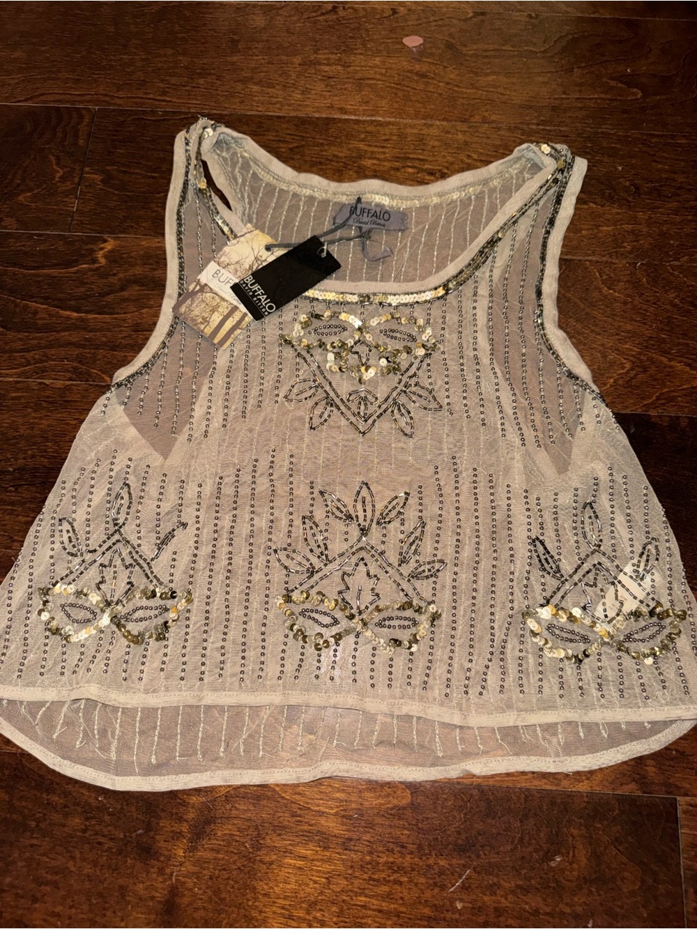 Buffalo David Bitton Beige Beaded Sheer Embellished Tank